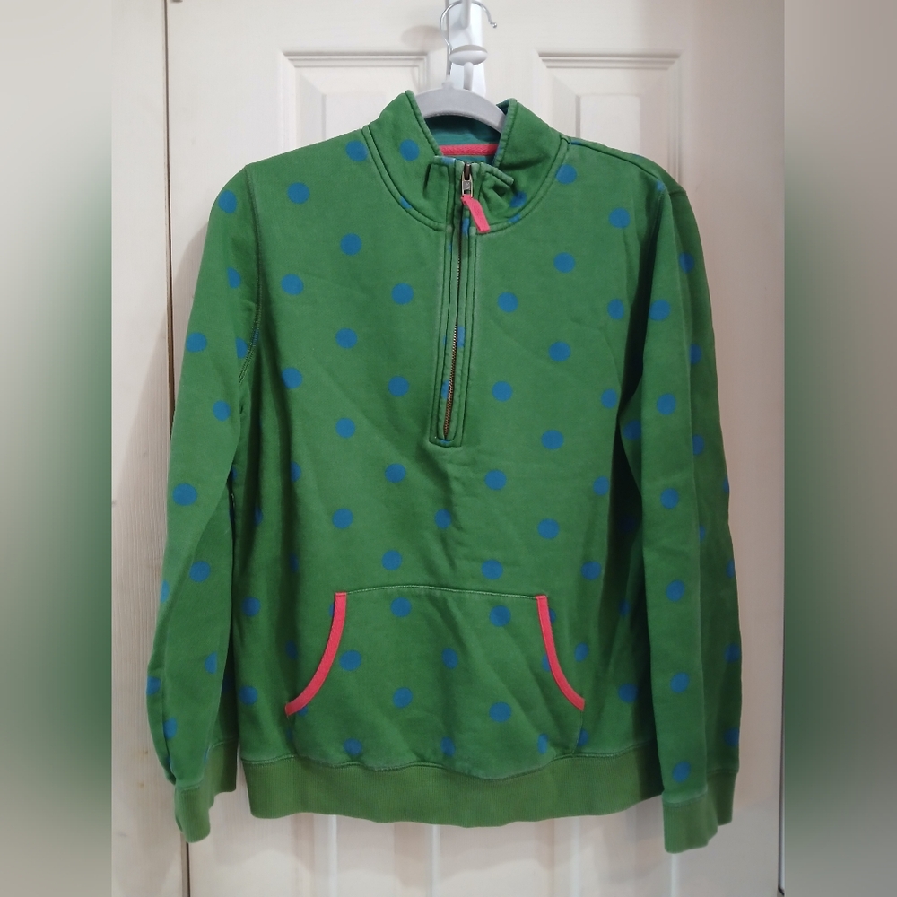 BODEN Size 12 Sweatshirt Pullover Top Polka Dot  Green Blue Kangaroo Pocket